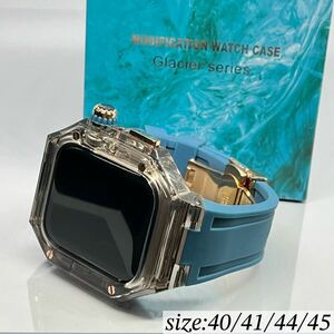 zc rg クリアブラック×ネイビー★アップルウォッチバンド ラバーベルト カバー　Apple Watch クリア ケース 40mm 41mm 44mm 45mm 4ネジ