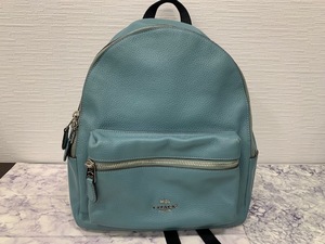 ☆1000円スタート☆ COACH コーチ チャーリー F30550 ペブルド レザー 本革 ミディアム バックパック 水色 リュック サック ◆24242