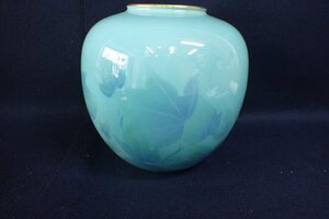 再★040290 深川製 色絵磁器 金彩縁 ブルー フラワーベース 花瓶 花入 花生 花器★