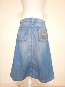 CELINE Denim skirt L horse car embroidery flair gold button Logo stamp Vintage rare Celine box pleated skirt 1 start regular goods 