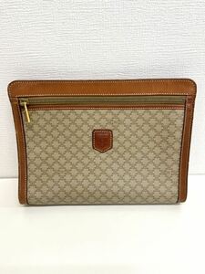 1円 CELINE セリーヌ マカダム柄 PVC×レザー クラッチバッグ セカンドバッグ メンズ レディース ブラウン系 BF6899