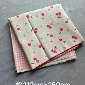 綿麻シーチング　ギンガムチェック&チェリー& 水玉& イチゴ　柄　ピンク　幅112cm×160cm