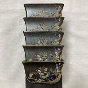 瑞陶 陶器 金彩 花 角小鉢 5客セット 色絵 角鉢 盛鉢 中鉢 蝶 笹