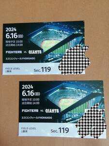 2024/6/16(日) 北海道日本ハムファイターズVS読売ジャイアンツ 2枚組　エスコンフィールド 1塁側　FIELD LEVEL 　SEC.119 ペア