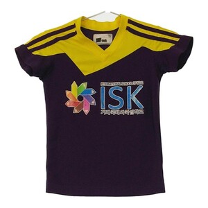 キッズ90cm ISK INTERNATIONAL SCHOOL OF KOJE Tシャツ パープル 紫 イエロー 黄 訳アリ品 半袖 かっこいい 【21196】