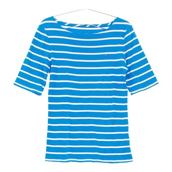 【10839】TOMMY HILFIGER トミー ヒルフィガー トップス Tシャツ M 水色 白 半袖 ボーダー 爽やか 夏服 シンプル