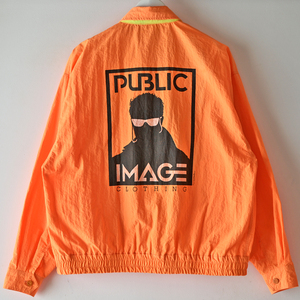 80s PUBLIC IMAGE 蛍光オレンジ ナイロン ブルゾン ジャケット 大きめM バックプリント シボ加工 / ヴィンテージ USA アメカジ 昭和レトロ