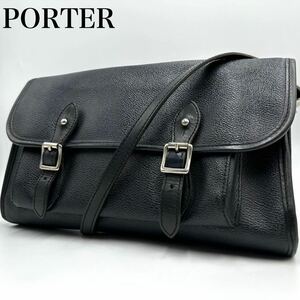  прекрасный товар PORTER Porter Yoshida bag сумка "почтальонка" плечо наклонный .. кожа морщина кожа чёрный черный заслонка ремень мужской сумка металлические принадлежности 