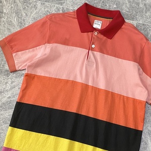 現行タグ Paul Smith ポールスミス 半袖 ポロシャツ トップス メンズ M マルチカラー 切替 ボーダー 総柄 上質 コットン 日本製 C430