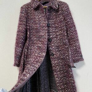 4-293 MaxMara マックスマーラ セットアップ コート ロングコート ベルテッド スカート 台形スカート ツイード ウール 紫 パープルの画像4