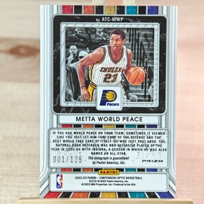 125枚限定 2022-23 Panini Contenders Optic Metta World Peace Silver Auto 001/125 Pacers 直筆サインカードの画像2