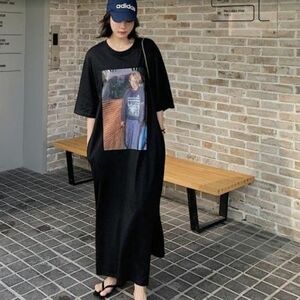 海外デザイン Tシャツ ワンピース ロング丈 韓国 レディース ブラック 黒