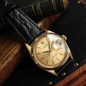 ロレックス 1601 デイトジャスト ゴールド 750YG 段付き 1963年 クロノメータ 革 cal.1560 自動巻 ROLEX アンティーク OH済1年保証