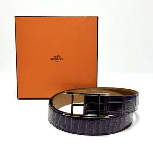 美品 HERMES エルメス Porosus Crocodile ポロサス クロコダイル Api アピ バックル レザー H ベルト サイズ 93 アメジスト □L刻印