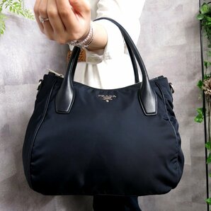 ●超美品●PRADA プラダ●ロゴ金具●ポコノ ナイロン カーフ レザー●トート ハンド バッグ●ネイビー●SV金具●A4 収納 かばん●Js45532の画像1