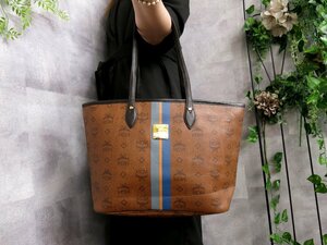 超美品●MCM エムシーエム●ロゴプレート●PVC カーフ レザー 本革●トート バッグ●ブラウン系●G金具●肩掛け●B5 書類 かばん●Js45678