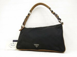 ◆美品◆PRADA プラダ◆ナイロン カーフ レザー 本革◆ハンド バッグ◆ブラック ベージュ シルバー金具◆イタリア製◆腕掛け◆A4611