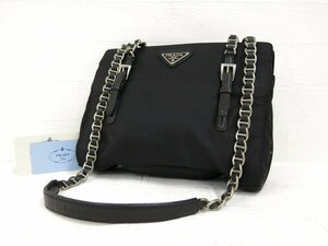 ◆美品◆PRADA プラダ◆ナイロン カーフ レザー 本革◆チェーン ショルダー バッグ◆ブラック SV金具◆イタリア製◆ヴィンテージ◆A4623