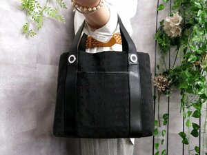 ●超美品●BVLGARI ブルガリ●ロゴマニア●キャンバス カーフ レザー 本革●トート ハンド バッグ●黒●SV金具●腕掛け●B5 収納●Js45684