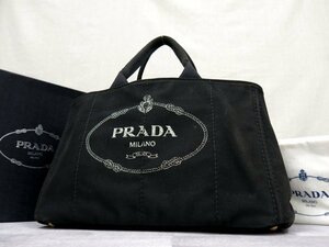 ●美品●PRADA プラダ●カナパ●三角ロゴプレート●ロゴプリント●キャンバス●トート バッグ●黒●腕掛け●A4 収納●書類 かばん●Js45804