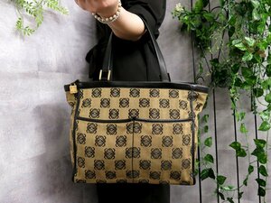 ●超美品●LOEWE ロエベ●アナグラム 総柄●キャンバス カーフ レザー 本革●ハンド トート バッグ●黒 ベージュ●G金具●A4 収納●Js45747