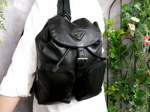 ●超美品●PRADA プラダ●三角ロゴプレート●ダブルポケット●カーフ レザー 本革●リュックサック●黒●SV金具●イタリア製●Js46102