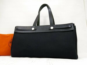 ◆美品◆HERMES エルメス◆エールバッグ カバス MM◆キャンバス カーフ レザー 本革◆トート バッグ◆ブラック シルバー金具◆C□F◆A4767