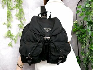 ●超美品●PRADA プラダ●三角ロゴプレート●ダブルポケット●ポコノ ナイロン カーフ レザー●リュックサック●黒●SV金具●B5●Js45830