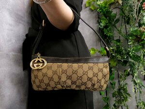 ●超美品●GUCCI グッチ●GGキャンバス カーフ レザー 本革●ハンド バッグ●ブラウン系●ゴールド金具●イタリア製●腕掛け●Js46122