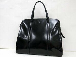 ◆美品◆PRADA プラダ◆ロゴ型押し◆エナメル パテント レザー 本革◆トート ハンド バッグ◆ブラック SV金具◆イタリア製◆腕掛け◆A4912