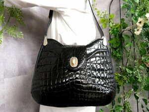 * super-beauty goods *GENUINE* Turn lock * shining crocodile book@wani leather * shoulder bag * black * silver metal fittings * Vintage *Js46029