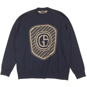  regular price approximately 16 ten thousand GIORGIO ARMANIjoru geo Armani stretch wool Logo embroidery spring summer springs sweater knitted navy blue / navy 48=L~XL