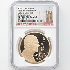 2021 英国 エディンバラ公爵 フィリップ殿下追悼記念 5ポンド 金貨 プルーフ NGC PF 70 UC ER 初鋳版 最高鑑定 完全未使用品 元箱付