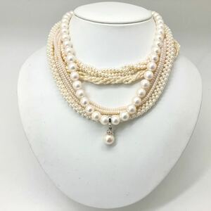 ［淡水パールネックレス5点おまとめ］a 約156.0g 真珠 ポテト ボタン ベビー 3連 pearl Pearl necklace jewelry silver DA0