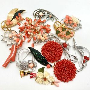 「珊瑚ブローチ16点おまとめ」a 重量171g サンゴ さんご コーラル coral 赤 彫刻 丸玉 花 accessory jewelry broach CE0の画像2