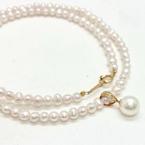 「K18 アコヤ付淡水パールネックレス」a 重量約8.5g約40cm あこや 冠婚葬祭 真珠 ボタン 750 necklace DE0の画像2