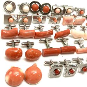 ［珊瑚カフスおまとめ］a 重量約187g サンゴ さんご コーラル coral 彫刻 枝 赤 桃色 men's accessory jewelry silver CE0の画像1