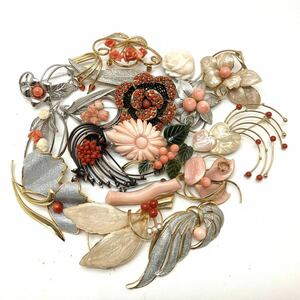 ［珊瑚ブローチ18点おまとめ］a 重量190g サンゴ さんご コーラル coral 赤 彫刻 丸玉 花 accessory jewelry broach CE0