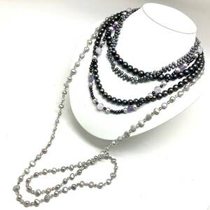 石付!!［淡水パールネックレス5点おまとめ］a 重量約200g 真珠 ポテト オーバル ビーズ blue necklace silver DA0