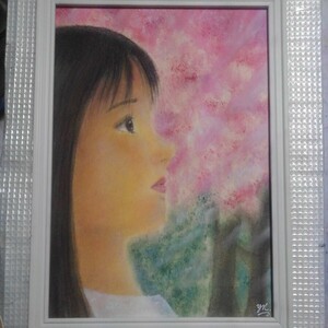 Art hand Auction [匿名投递] 绘画作品《赏樱》附A4尺寸画框。, 艺术品, 绘画, 肖像