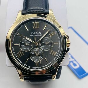 未使用 CASIO Standard MTP-V300GL-1AUDF カシオ クォーツ クロノグラフ メンズ 腕時計 海外モデル ゴールド 黒文字盤 黒革ベルト #24