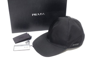 超美品 プラダ レザーパッチ付 ナイロン キャップ 帽子 ブラック M 男女兼用 2HC274 PRADA