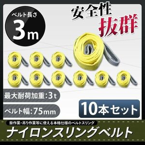 10本セット ナイロンスリングベルト 3m 幅75mm 荷重3000kg 3t 玉掛け ベルトスリング 吊上げ ロープ 牽引 お買い得!