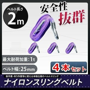 全国一律【送料無料】ナイロンスリングベルト 荷重1000kg 1t 2m 幅25mm ベルトスリング 玉掛け 吊り上げ ロープ 牽引 運搬【4本セット】