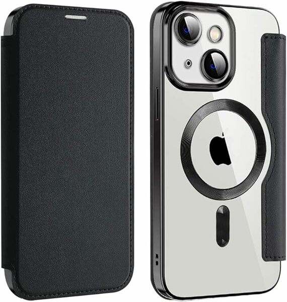◆iPhone 14 ケース 手帳型 magsafe対応背面 透明 クリア PU革 レザー マグセーフ カード入れ アイフォン14 ケース