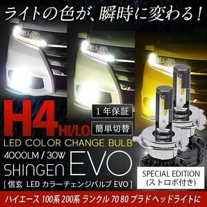 送料無料 3色切替 カラーチェンジ ストロボ 3000K 4300K 6000K H4 LEDヘッドライト フォグ 実測値21500cd 信玄 EVO ハイエース 100 200系