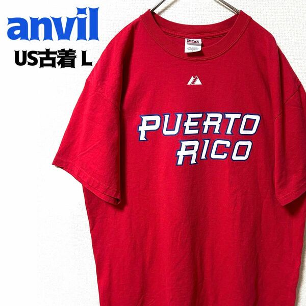 US古着 anvil アンビル 半袖 プリントTシャツ MLBカルロス ベルトラン 15 L レッド 赤色