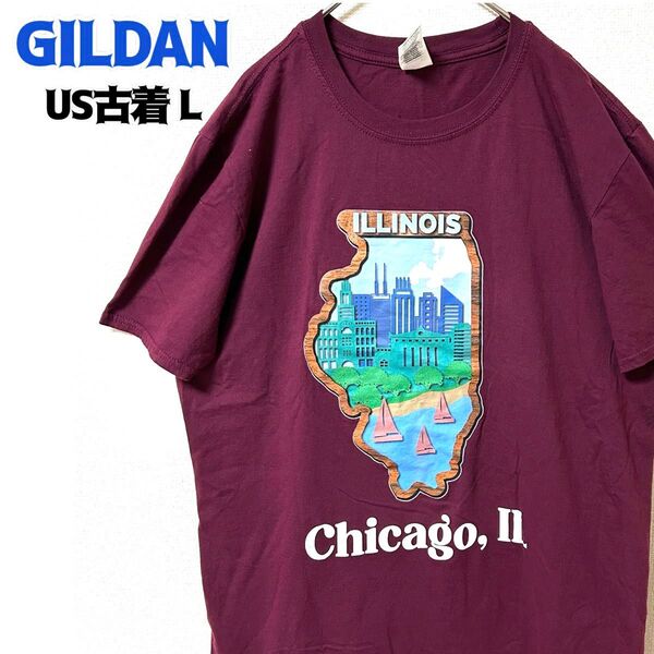 US古着 GILDAN ギルダン 半袖 プリント Tシャツ シカゴ L ボルドー