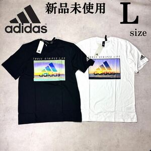 新品 正規品 1円~Lsize アディダス 半袖 Tシャツ 2枚セット adidas 白 黒 オーシャンプリント 春 夏 コットン まとめ ２枚 ストライプ 海