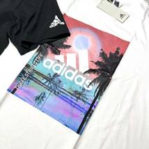 新品 正規品 Lsize アディダス Tシャツ ２枚セット 白 黒 パームツリー 半袖 クルーネック 夏 adidas ２枚まとめ 人気 ストライプ プリント_画像5